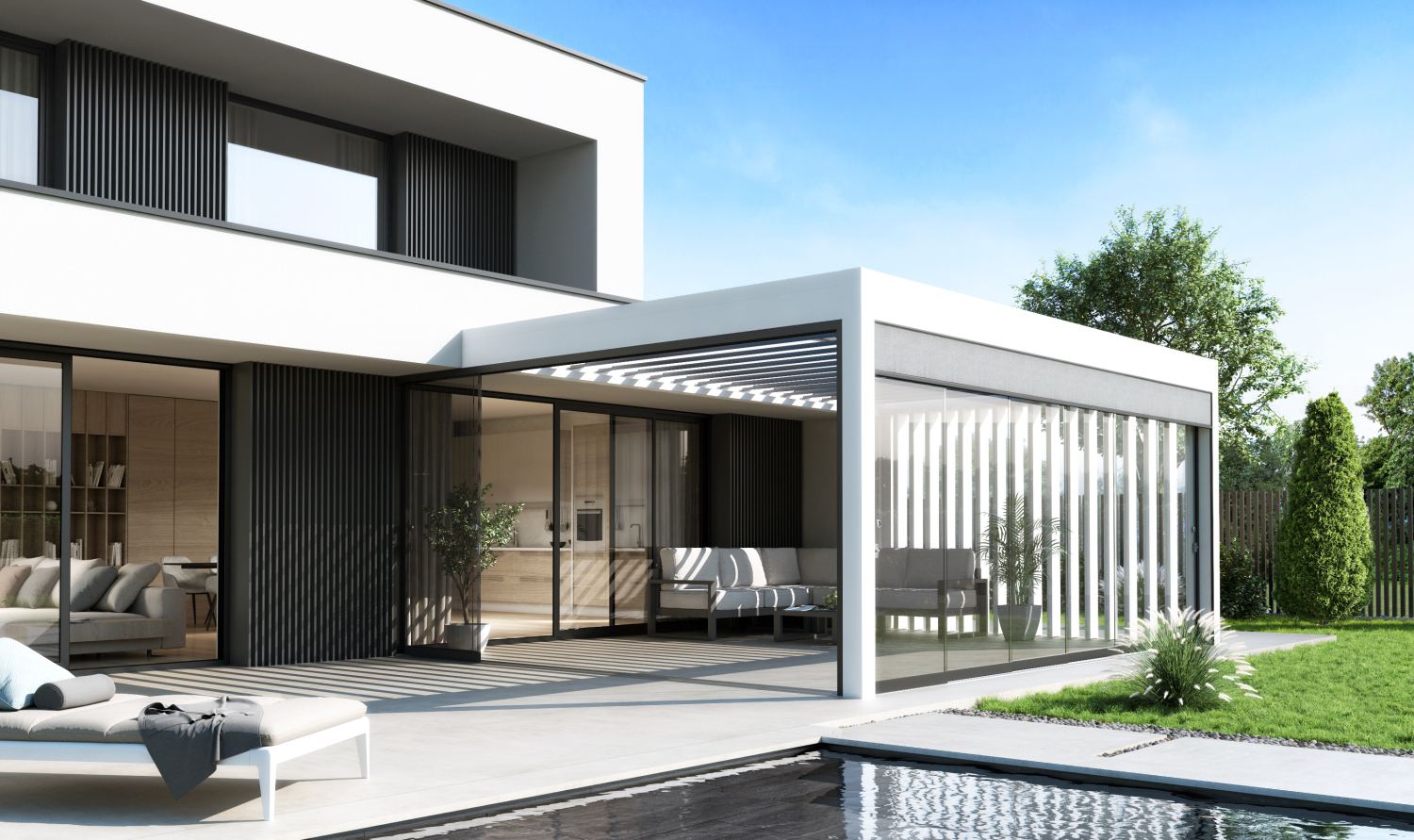 Modern alumínium pergola egy mediterrán teraszon naplementében
